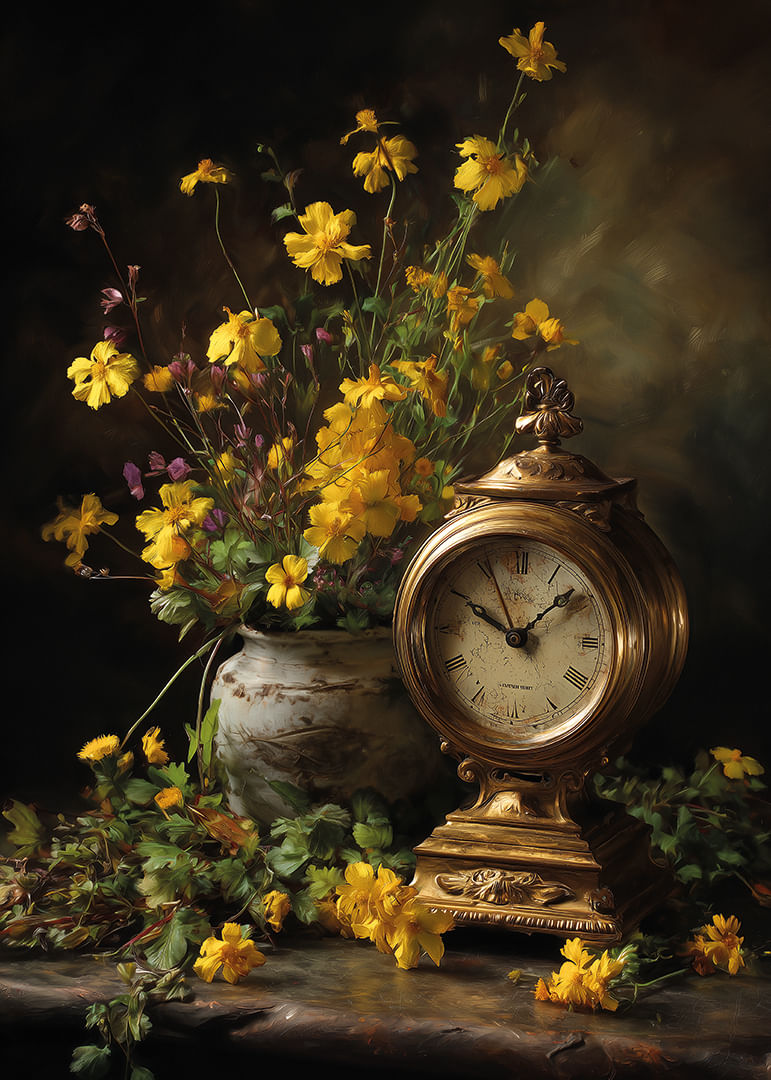 Une horloge dorée entourée d'élégantes fleurs jaunes.-12