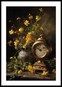 Une horloge dorée entourée d'élégantes fleurs jaunes.-0