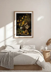 A golden clock surrounded by elegant yellow flowers.-8