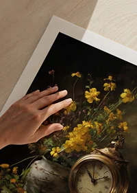 A golden clock surrounded by elegant yellow flowers.-9