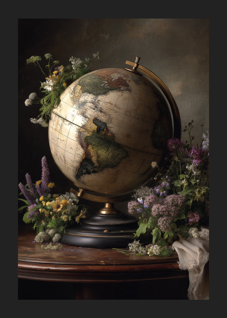 A globe surrounded by colorful flowers.-12