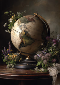 A globe surrounded by colorful flowers.-7