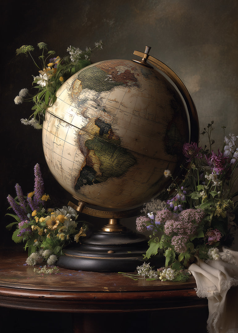 A globe surrounded by colorful flowers.-12