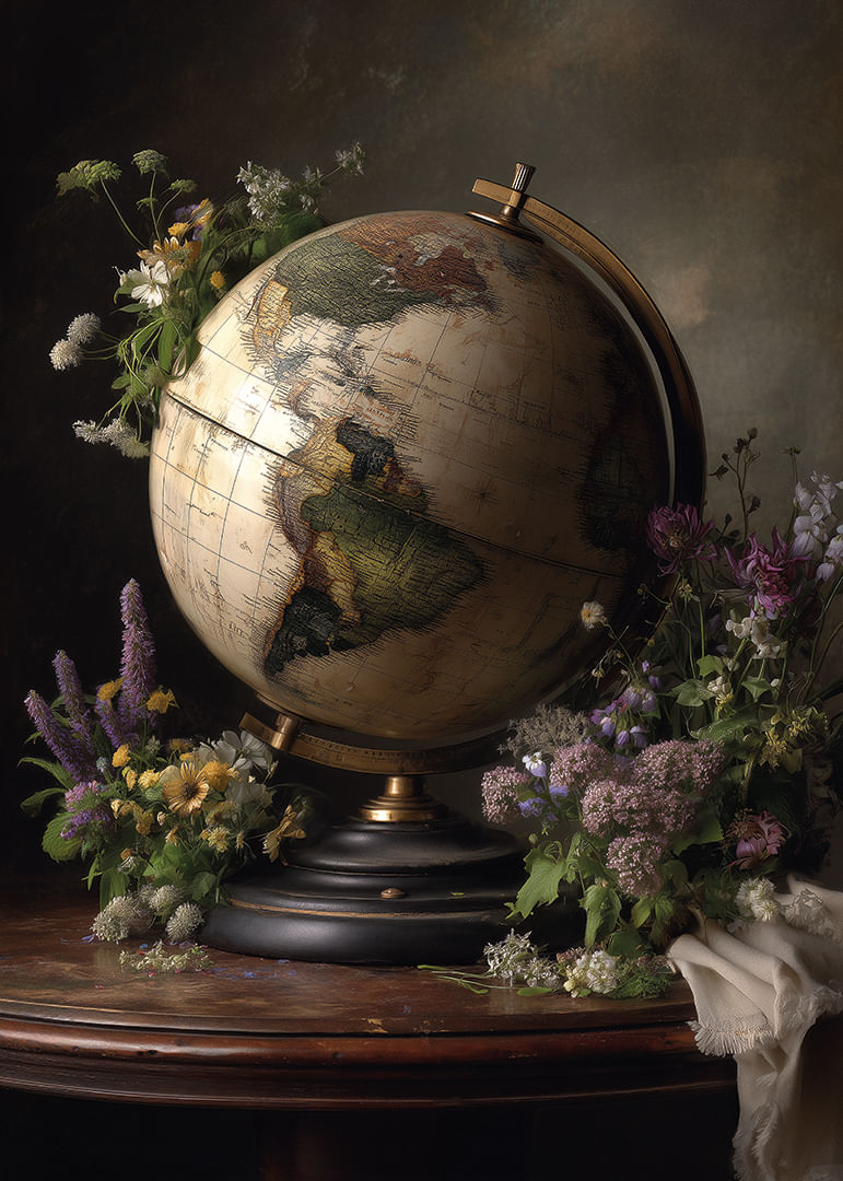 Un globe entouré de fleurs colorées.-12
