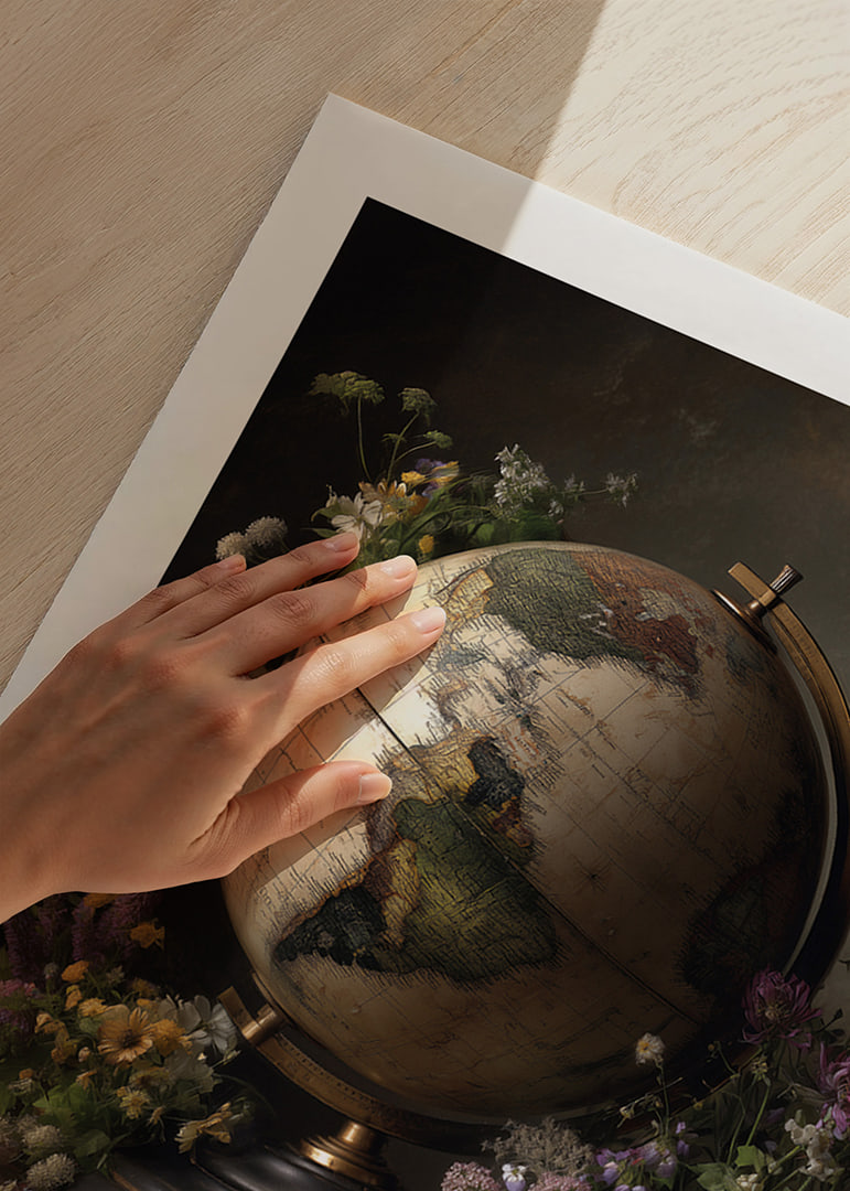 A globe surrounded by colorful flowers.-12