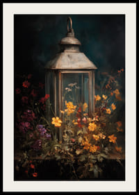 Kleurrijke bloemen omarmen een gloeiende lantaarn in de nacht.-2