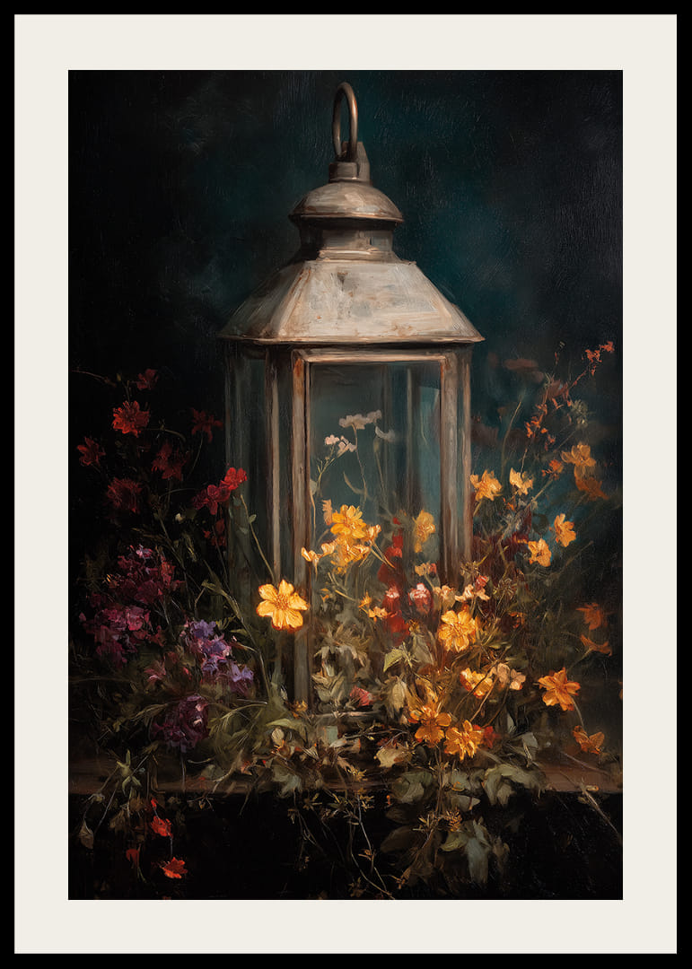 Kleurrijke bloemen omarmen een gloeiende lantaarn in de nacht.-12