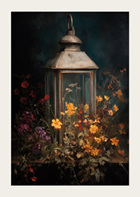 Colorful flowers embrace a glowing lantern in the night.-3