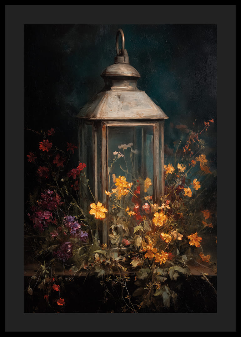 Kleurrijke bloemen omarmen een gloeiende lantaarn in de nacht.-12