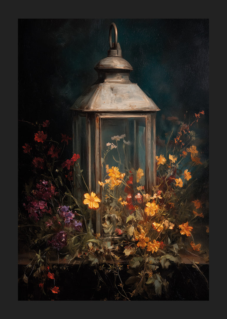 Colorful flowers embrace a glowing lantern in the night.-12