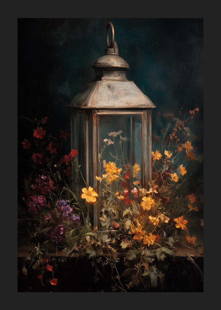 Kleurrijke bloemen omarmen een gloeiende lantaarn in de nacht.-12