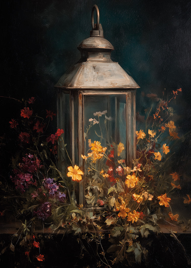 Colorful flowers embrace a glowing lantern in the night.-12