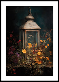 Colorful flowers embrace a glowing lantern in the night.-0