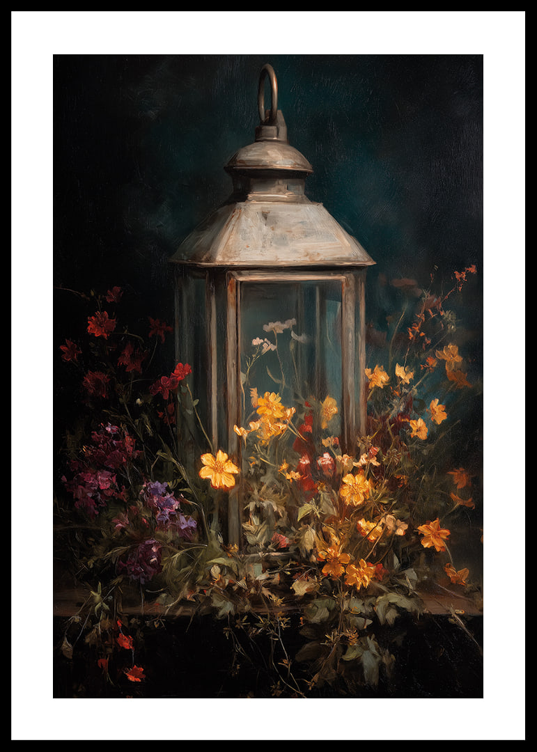 Colorful flowers embrace a glowing lantern in the night.-12