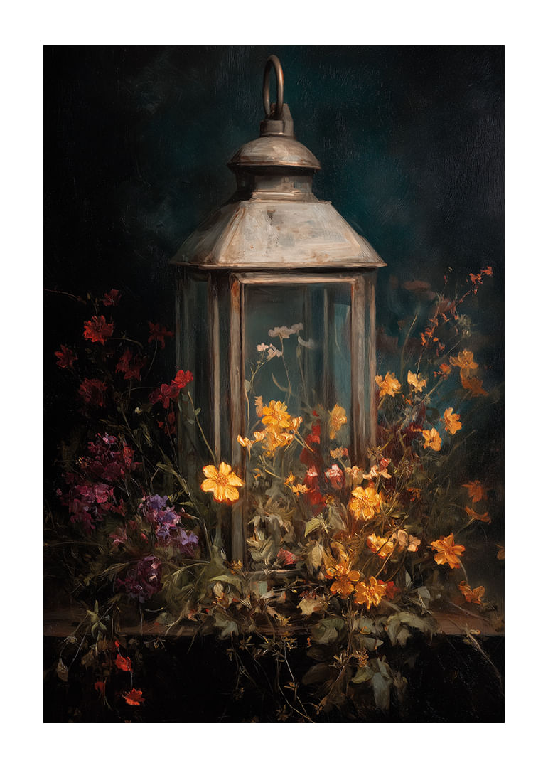Des fleurs colorées embrassent une lanterne lumineuse dans la nuit.-12