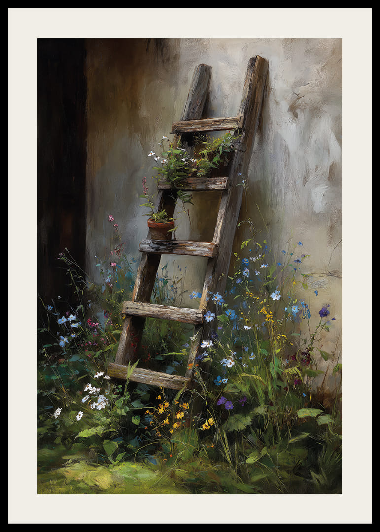 En gammel træstige dækket af vilde blomster op ad en væg.-12