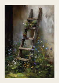 En gammel træstige dækket af vilde blomster op ad en væg.-3