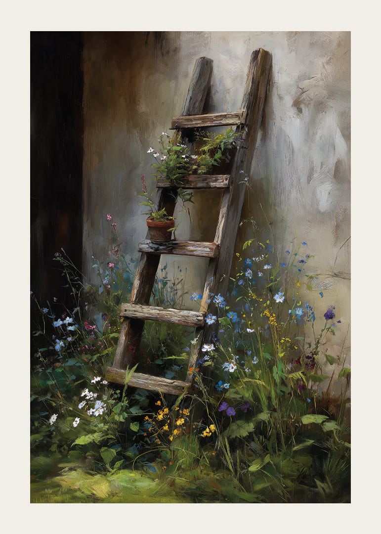 En gammel træstige dækket af vilde blomster op ad en væg.-12