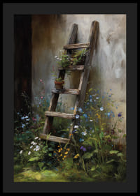 En gammel træstige dækket af vilde blomster op ad en væg.-4