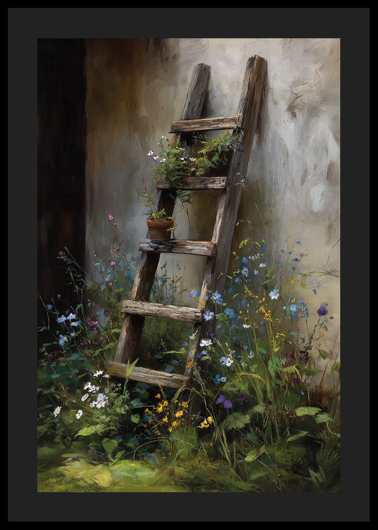 En gammel træstige dækket af vilde blomster op ad en væg.-12