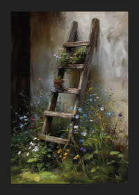 En gammel træstige dækket af vilde blomster op ad en væg.-5