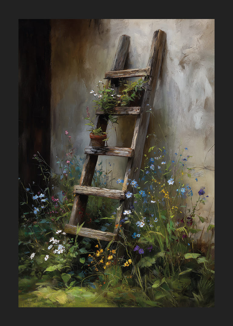 En gammel træstige dækket af vilde blomster op ad en væg.-12