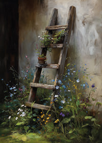 En gammal trästege täckt av vilda blommor mot en vägg.-7