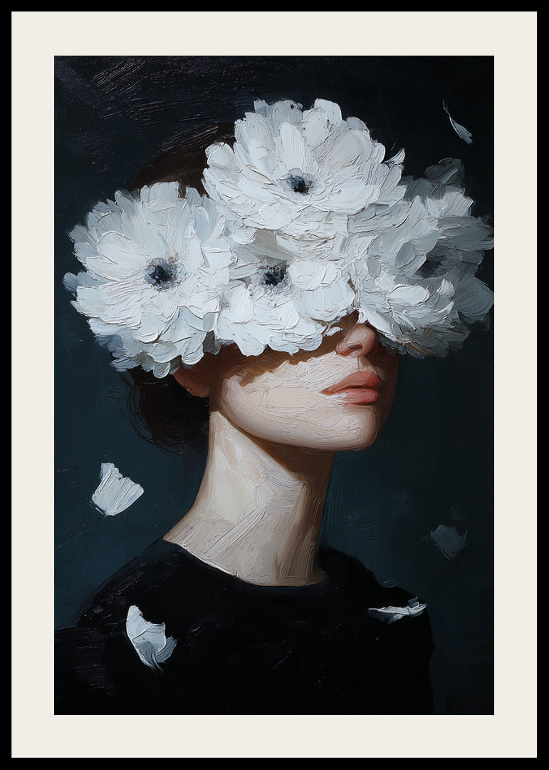 Figure mystérieuse et onirique avec des fleurs sur les yeux.-12