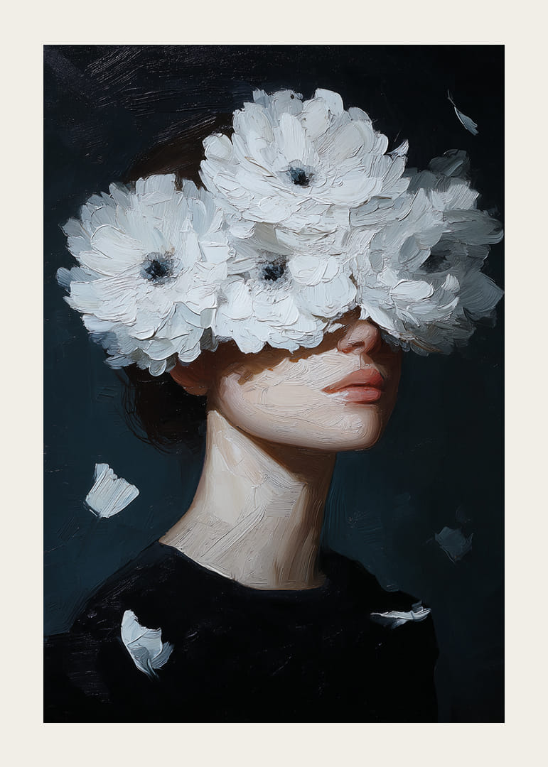 Figure mystérieuse et onirique avec des fleurs sur les yeux.-12