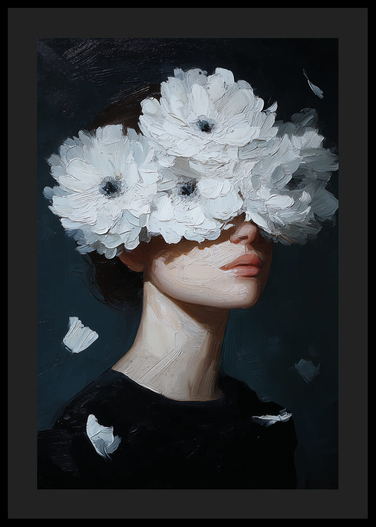 Figure mystérieuse et onirique avec des fleurs sur les yeux.-12
