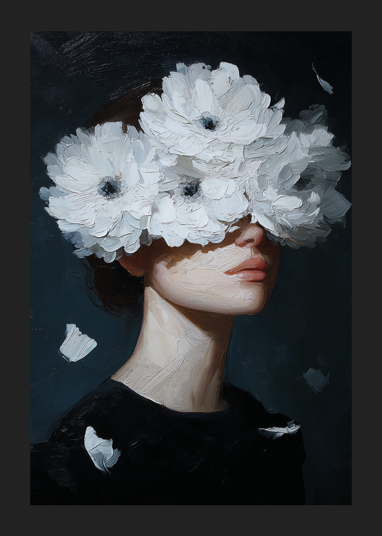 Figure mystérieuse et onirique avec des fleurs sur les yeux.-12