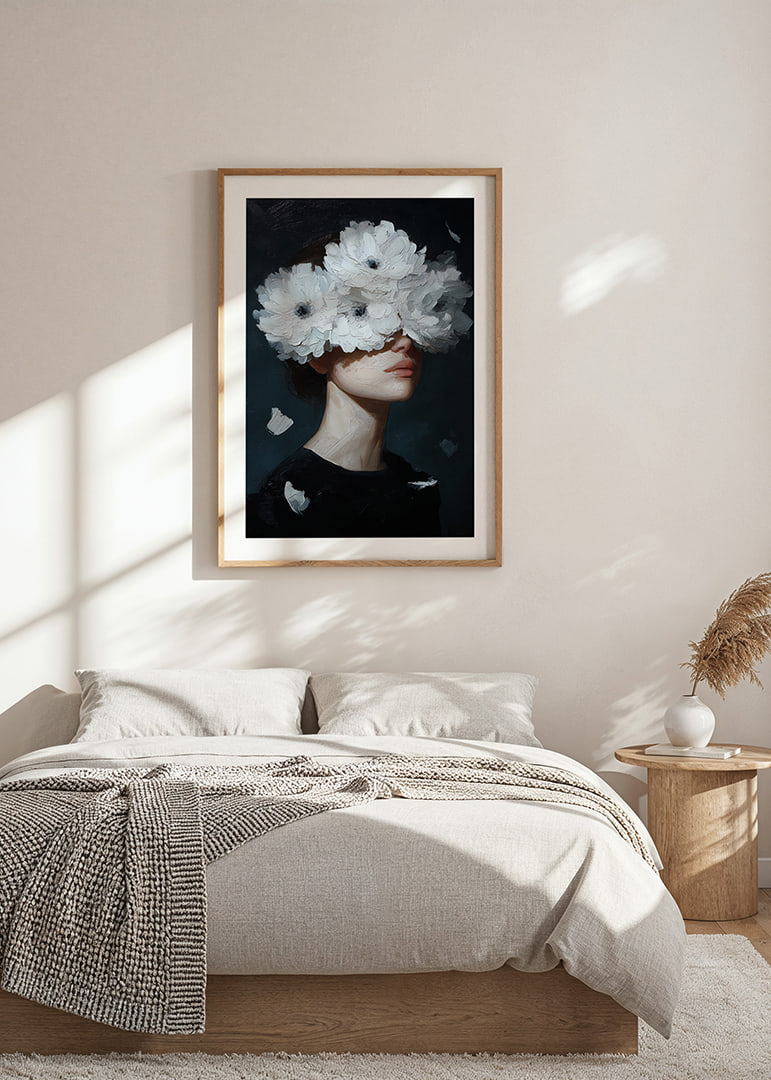 Mystisk och drömlik gestalt med blommor över ögonen.-12