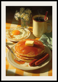 Petit déjeuner fantastique avec crêpes, œufs et saucisses au soleil.-2