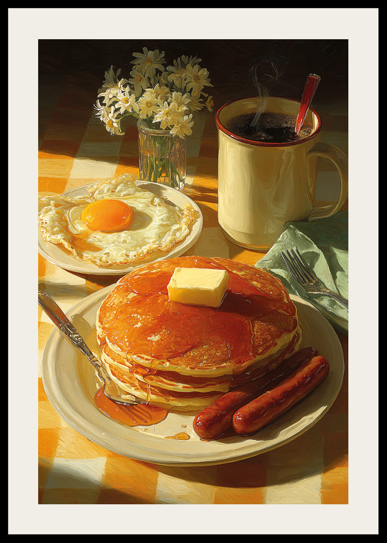 Petit déjeuner fantastique avec crêpes, œufs et saucisses au soleil.-12