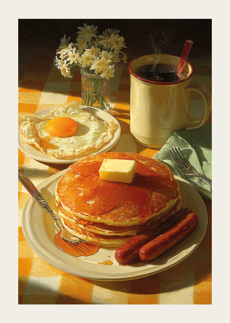 Petit déjeuner fantastique avec crêpes, œufs et saucisses au soleil.-12