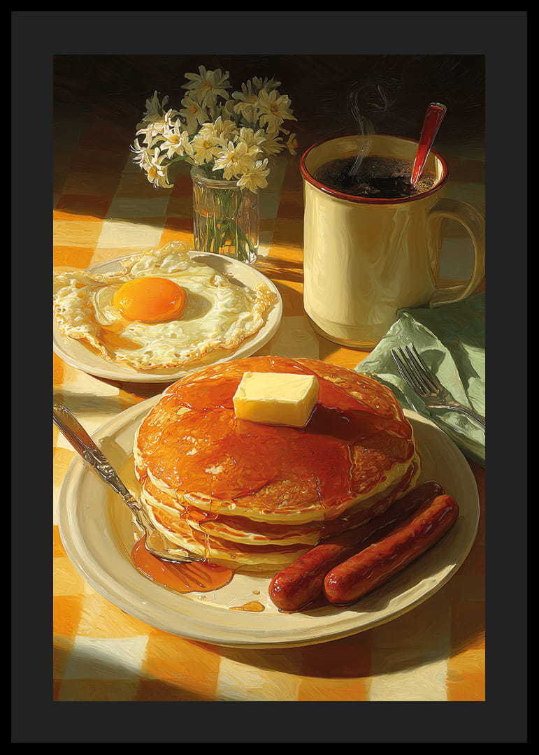 Petit déjeuner fantastique avec crêpes, œufs et saucisses au soleil.-12