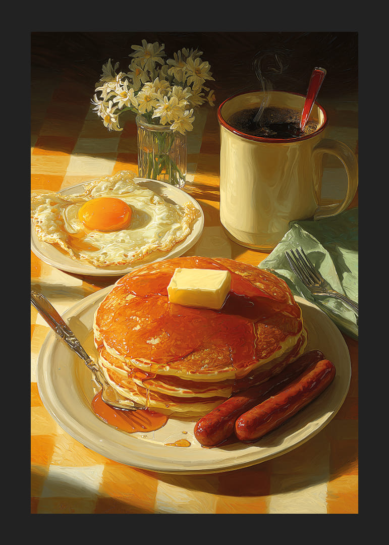 Petit déjeuner fantastique avec crêpes, œufs et saucisses au soleil.-12