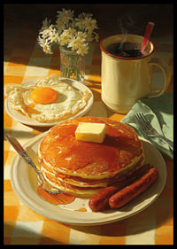 Fantastic breakfast with pancakes, eggs and sausages in the sunshine.-6