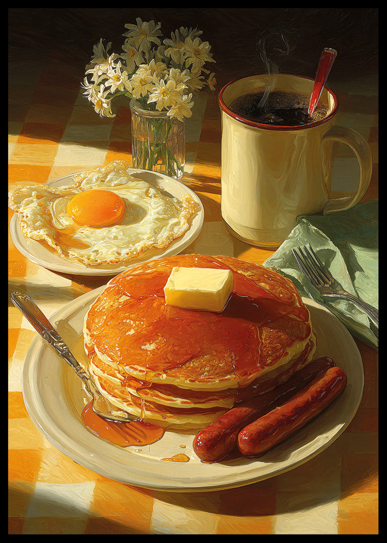 Fantastic breakfast with pancakes, eggs and sausages in the sunshine.-12
