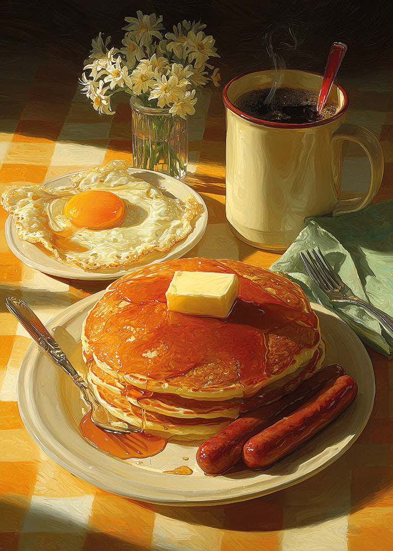 Fantastic breakfast with pancakes, eggs and sausages in the sunshine.-12