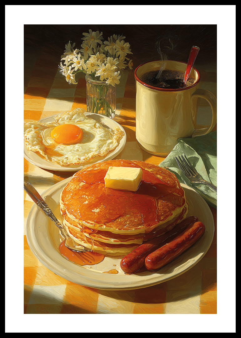 Fantastic breakfast with pancakes, eggs and sausages in the sunshine.-12