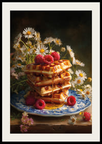 Une pile de gaufres trempées dans du sirop d'érable, décorées de framboises et de fleurs.-2