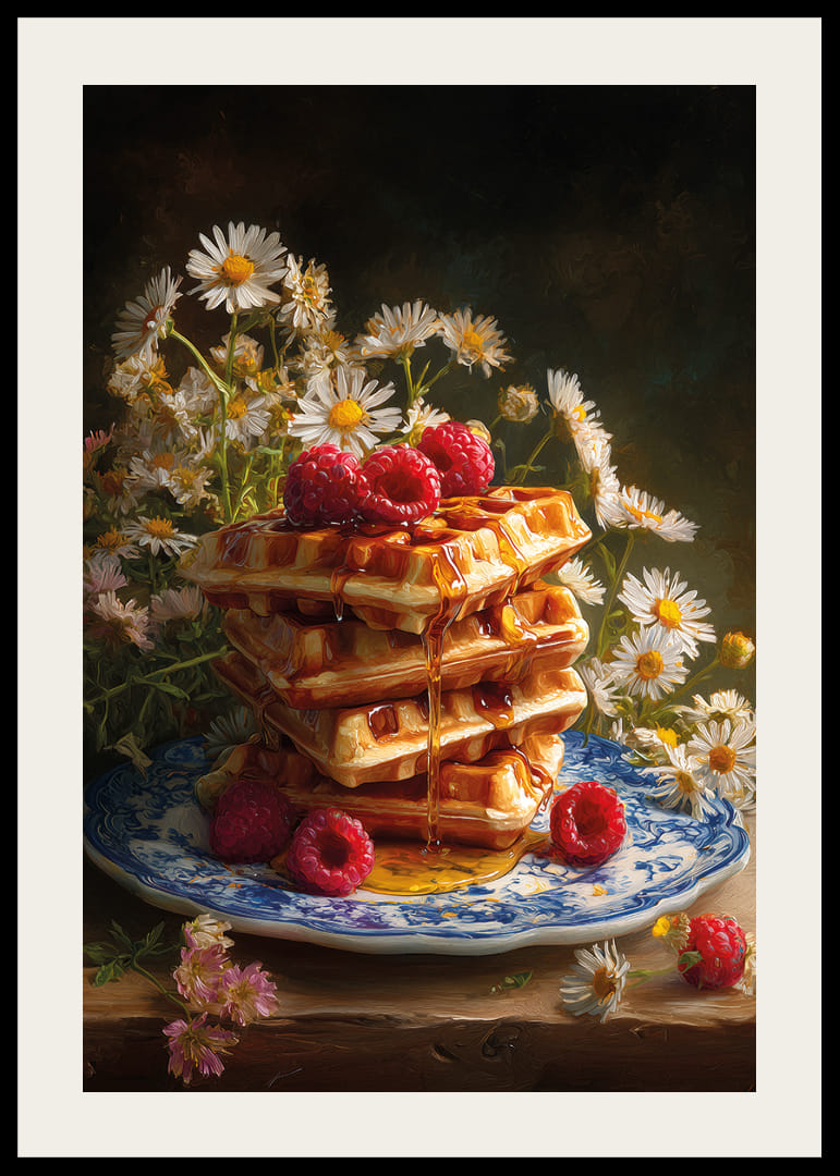 Une pile de gaufres trempées dans du sirop d'érable, décorées de framboises et de fleurs.-12