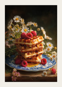 Une pile de gaufres trempées dans du sirop d'érable, décorées de framboises et de fleurs.-3