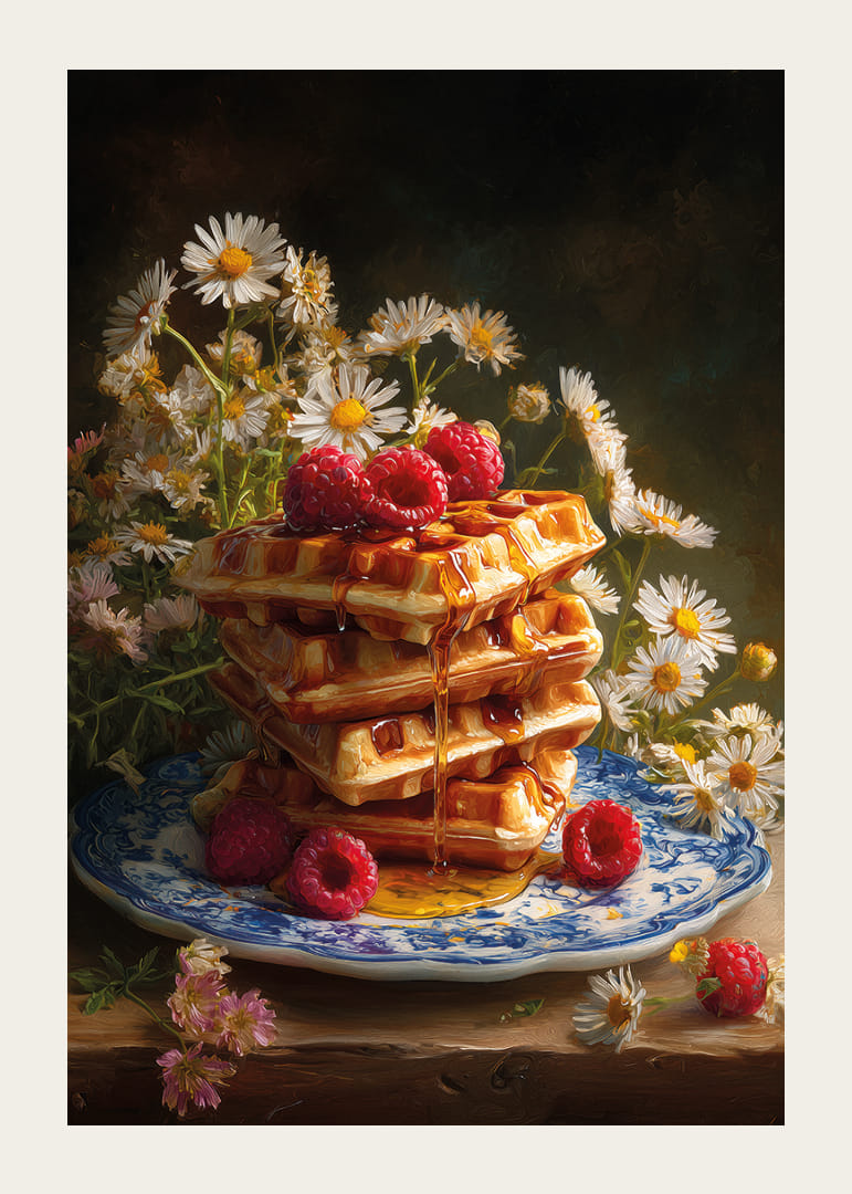 Une pile de gaufres trempées dans du sirop d'érable, décorées de framboises et de fleurs.-12