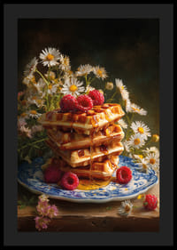 Une pile de gaufres trempées dans du sirop d'érable, décorées de framboises et de fleurs.-4