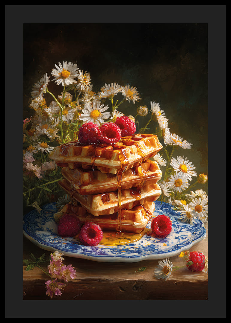 Une pile de gaufres trempées dans du sirop d'érable, décorées de framboises et de fleurs.-12