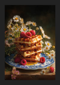 Une pile de gaufres trempées dans du sirop d'érable, décorées de framboises et de fleurs.-5