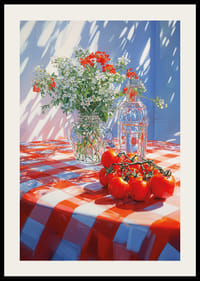 Solsken över röd-vitrutig duk med blommor och tomater.-2