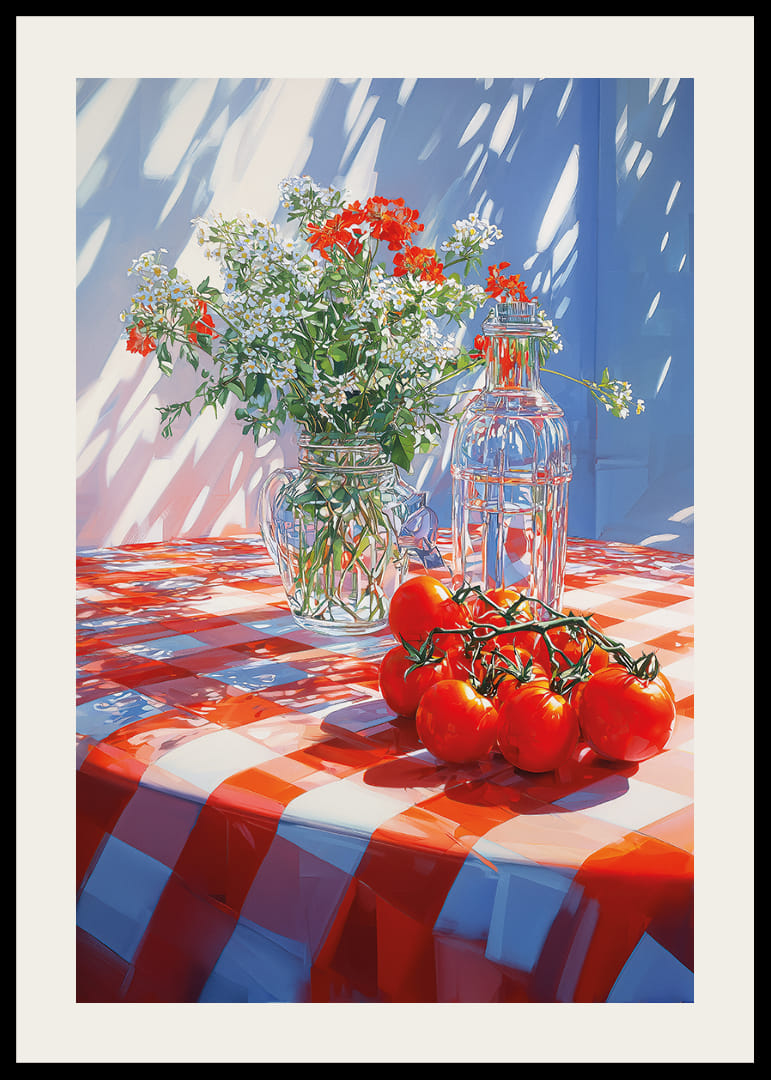 Solsken över röd-vitrutig duk med blommor och tomater.-12